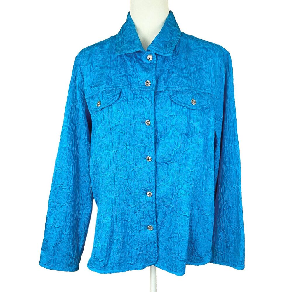 Chico's Textured Button-up Shirt Jacket Size 2 Large Teal Blue Jacquard Stretch